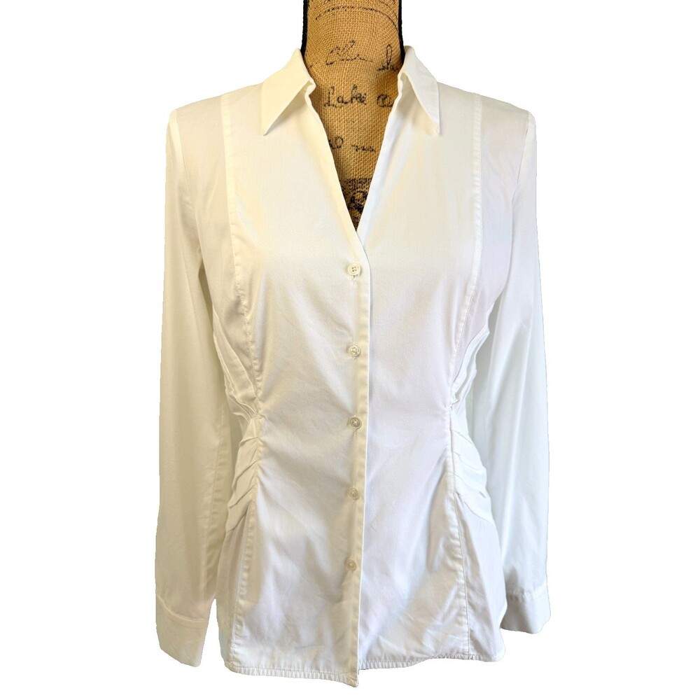 Rena Lange White Ruched Pleated Stretch Cotton Button Up Long Sleeve Shirt Sz 6